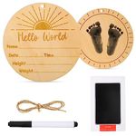 Wooden Baby Announcement Plaque 5.9 Inch Set with Black Marker & Ink Pad for Hand and Footprints, Hello World Newborn Sign for New Parents Nursery Hospital Baby Shower (Sunrise)