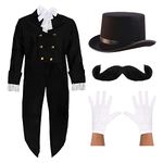 Posh Victorian Man Costume - Medium - Black Victorian Jacket, White Cravat, Top Hat, White Gloves and Moustache - Historical Victorian Fancy Dress Costume