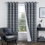 always4u 100% Blackout Curtains Check Eyelet Curtain Bedroom Plaid Woven Brushed Cheque Pair of Highland Woolen Look Window Treatment for Living Room Grey 90 * 90 Inches