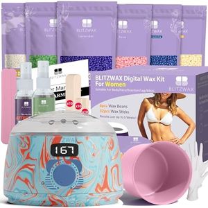 BLITZWAX Women Hair Removal Waxing Kit Hard Wax Warmer Kit for Beginners Waxing at Home, Self Wax Machine Kit for All Skin Types/Face/Body/Brazilian/Bikini - Effective on Coarse/Fine Hair(Pool Swirl)