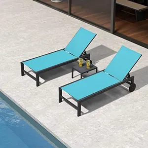 PURPLE LEAF Outdoor Chaise Lounge with Wheels for Outside 2 Pieces Aluminum Patio Lounge Chair with 5 Adjustable Position Recliner for Patio, Beach, Yard, Pool, Side Table Included, Turquoise Blue