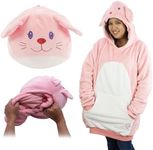 Plushible Wearable Blanket Hoodie Oversized Long Sleeve Sweatshirt Front Pocket Cozy Gifts for Adult Women Men Pink Bunny Snugible Pillow