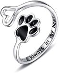 Puppy Pet Lovers Paw Print Ring Love Heart 925 Sterling Silver Open Adjustable Ring Pet Animal Jewelry Creative Pierced Love Dog Cat Claw Ring Pet Loving Friend and Families Gifts (Black Heart)