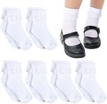 Satinior 6 Pairs Girls Ruffle Socks White Girls Eyelet Lace Sock Sruffled Girls Dress Socks for School Uniform Girl Toddler Girl Socks, White, 7-10 Years