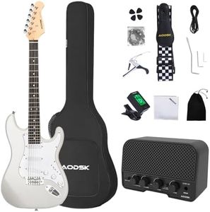 AODSK Electric Guitar with Amp Beginner Kit 39 Inch Solid Body Full Size,All Accessories,Digital Tuner,Six Strings,Four Picks,Tremolo Bar,Strap,Gig Bag,Starter kit (White-SSS)