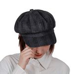 iSWEVEN French Beret Cap | Beret Fashion Street Wear Newsboy Cap Vintage Cotton All Season Hat Plaid Design Baker Boy Hat (8102E, Black)