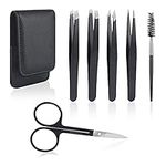 URAQT Eyebrow Tweezers Set, 6 Pieces Professional Stainless Steel Precision Tweezer Eyebrow Scissors Eyebrow Brush Kit with Leather Storage Case, for Eyebrows Plucking, Facial Hair Remover