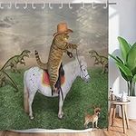 ASDCXZ Shower Curtain Funny 180x180 cm, West Cowboy Farm Funny Cat Ride Horse Washable Textile Bathroom Curtains Polyester Waterproof Shower Curtains for Bathtub with 12 Shower Curtain Hooks