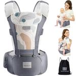 Bebamour Baby Carrier with Hip Seat, Newborn to Toddler 0–36 Months, Ergonomic Infant Carrier with Adjustable Waist Belt, Head Hood, Teething Pads & Waist Extender, Grey