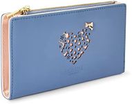 Woodland Leathers Women's Wallet and RFID Card Holder with Decorative Heart Pattern, Bifold Faux Leather Lady Zipper Purse Button Wallet with Multiple Card Slots (Cool Blue Large)