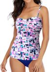 Shuangyu Women Bandeau Tankini Swimsuit Front Twist Bikini Top Swimwear Ruched High Waisted Bottom Tummy Control Bathing Suits Grey Purple Geometry XL