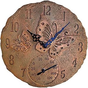 Lily's Home Hanging Wall Clock, includes a Thermometer, Ideal for Indoor and Outdoor Use, Wonderful Housewarming Gift for Friends, or for any Butterflies Lovers, Polyresin