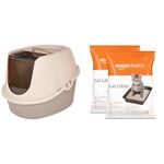 Amazon Basics Hooded Cat Litter Box, Small with Amazon Basics Scoopable White Bentonite Cat Litter|Unscented|5Kg - Pack of 2