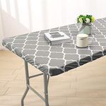 Vinyl Fitted Tablecloth for 6 ft Rectangle Table, Gray Moroccan Design,Waterproof Elastic Table Cover with Flannel Backed Lining, Fits 30"x72" Folding Table, for Outdoor Picnics/Travel/Holiday/Party