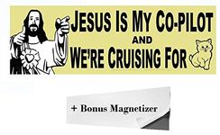 Jesus is My Co-Pilot & Were Cruising for...Cats? Bumper Sticker & Free Magnetizer. Best. Wingman. Ever. WWJD? Probably Shots. Funny Buddy Christ Joke. Hilarious Car, Window, Laptop & Driving Decal.