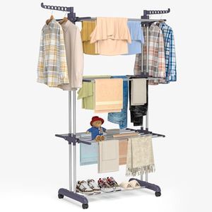 Bigzzia Clothes Drying Rack Folding Clothes Rail 3 Tier Clothes Horses Rack Stainless Steel Laundry Garment Dryer Stand with Two Side Wings Grey