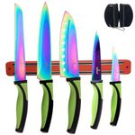 SiliSlick - Rainbow Knife Kitchen Starter Set (5 Professional Grade Iridescent/Rainbow Blade Knives) | Includes Knife Sharpener & Magnetic Wall Hanger | Green Handle with Red Knife Rack