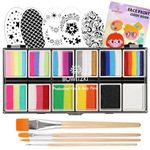 Bowitzki Face Paint 12x10 gm Professional Body Painting Kit For Kids Adults Stencil One Stroke Split Cake Non Toxic Rainbow Flora Dolphin Unicorn Flame Makeup Halloween Christmas Easter - Bright Set