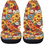 Drydeepin Hippie Flower Orange 2 Pcs Car Seat Covers Front Seats Only Elastic Cushion Protector Universal Fit Most Truck SUV Vans Aesthetic Car Accessories for Women