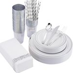 ISFANCO 200 PCS Silver Dinnerware Set for 25 Guests,Silver Rimmed Heavy Duty Plastic Disposable Plates for Party Wedding with Napkins,25 Dinner Plates,Dessert Plates,Spoons,Forks,Knives,Cups,Straws