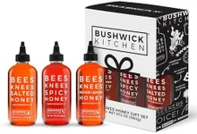 Bushwick Kitchen Bees Knees Honey Sampler Gift Box, Set Includes Spicy Honey, Meyer Lemon Honey, Salted Honey Sauces, Honey Inspired Recipes, Bushwick Kitchen Tea Towel, and Ready-to-Gift Box