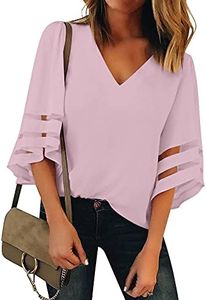 luvamia Women's Casual V Neck Blouse 3/4 Bell Sleeve Mesh Panel Shirts Loose Top, C Lotus, Large