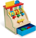 Melissa & Doug 13378 Spin and Swipe Wooden Toy Cash Register with 3 Play Coins, Pretend Credit