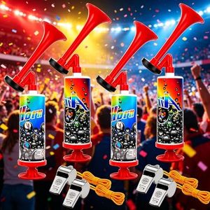 4 Pack Air Horn with 4 Metal Whistles, HandHeld Air Horn Loud Noise Maker Reusable Pump Blow Horn Loud Noise Maker Safety Horn for Boating Graduation Sports Events Birthday Party