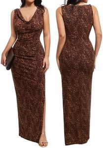 Popilush Formal Dresses for Women - Shapewear Cowl Neck Maxi Ruched Bodycon Gowns with Slit - Prom Dress for Wedding Guest Leopard Print
