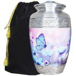M MEILINXU Blue and Pink Butterfly Big Urn, Funeral Cremation Urns for Human Ashes Adult, Butterflies Decorative Urn for Burial, Columbarium or Home, Engraved Lid for Female & Male - Full Size Urn