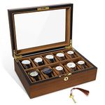 Uten Watch Box with 10 Slots, Watch Case with Golden Lock and Key, Wood Watch Display Storage Box with Removable Watch Cushions, Velvet Lining, Metal Clasp, Luxury Gift for Men and Women