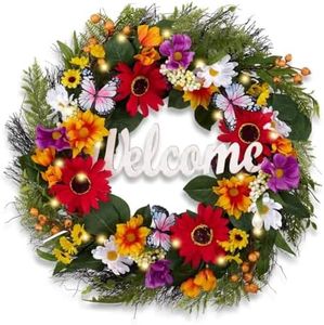 Valery Madelyn Spring Summer Wreaths for Front Door，Collapsible 24 Inch Door Wreath with Daisy Flower,Butterfly and “Welcome” Wood Sign Floral Wreath for Wedding, Wall, Home Decorations