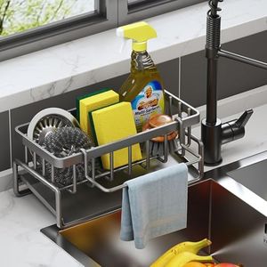 Sink Organiser with Drip Tray, XICEN Sponge Holder for Kitchen Sink, Stainless Steel Kitchen Organiser, Kitchen Utensils, for Kitchen Bathroom Sink with Removable Storage, Drain Tray Organiser (#1)