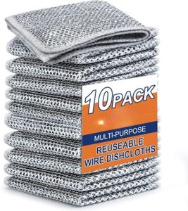 GO WELL Multipurpose Wire Dishwashing Rags for Wet and Dry Stainless Steel Scrubber Non-Scratch Wire Dishcloth for Washing Dishes Sinks Counters Easy Rinsing Machine Washable Pack 10