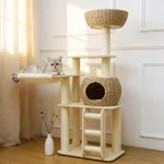 Pawlabay 54 Inch Cat Tree for Indoor Cats, Tall Wooden Cat Tower with Scratching Posts, Rattan Condo and Perch, Multi-Level Cat Climber, Stylish Pet Furniture