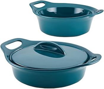 Rachael Ray Solid Glaze Ceramics Casserole Bakeware/Baker Set with Shared Lid, 3 Piece, Teal