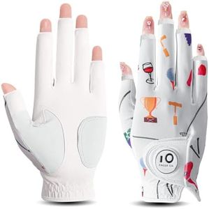 FINGER TEN Golf Gloves Women Left Right Hand Leather with Ball Marker Value Pack, Colored Glove for Ladies Right Left Handed Golfer All Weather Grip (Half-Golf Party, Large, Right)