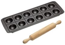 KitchenCraft World of Flavours Non Stick Ravioli Mould Tray and Roller in Gift Box, 2 Piece Filled Pasta Making Kit, Black / Beige