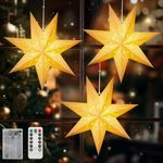 Lewondr Christmas Paper Star Lantern 3Pack, Hanging Star Light with Remote Control, Led Paper Lanterns with 4 Levels Dimming & 8 Lighting Modes & 6 Hour Timer Function for Holiday Home Decoration