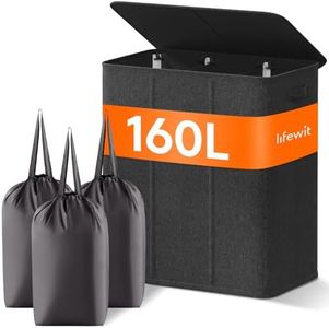 Lifewit 160L Panier à Linge 3 Compartiment avec Couvercle, Grand Corbeille à Linge avec Poignées, Panier Linge Sale avec 3 Sacs à Linge Amovibles, Pour Chambre, Salle de Bain, Buanderie, Gris Foncé