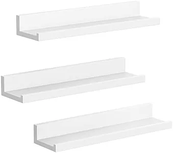 SONGMICS Floating Shelves, Set of 3 Wall Shelves, 15-Inch Wide, for Photo Frames and Trinkets, for Living Room, Home Office, Kitchen, Bathroom, White ULWS38WT