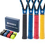 Raquex Enhance Replacement Racket Grip 4 Pack: Badminton, Tennis, Squash. Self-adhesive PU Racquet Grip Tape. 14 Colour Options. Recyclable cardboard outer gift packaging (Black, Blue, Red, Yellow)