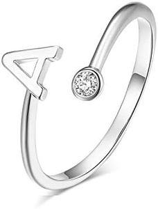 HUASAI Initial Ring for Women Silver Initial 26 Letter Ring Open Adjustable Mid Finger Ring Stocking Stuffers for Dainty Inlaid Crystal Jewelry