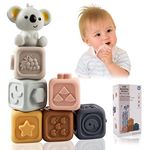 Dekewe 7 Pcs Baby Blocks Soft Building Blocks Baby Toys, Sensory Montessori Educational Stacking Play Squeeze Teething Toys, Blocks with Numbers Animals Shapes Textures Koala for 6-18 Months Toddler