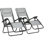 Outsunny Garden Recliner Chairs Set of 2, Outdoor Foldable Zero Gravity Chairs Set w/Footstool and Detachable Headrest, Grey