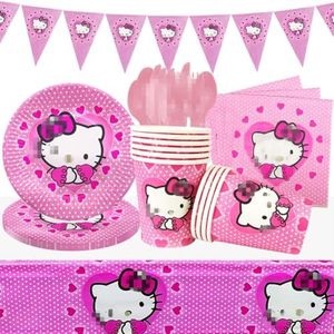 Vajilla de Fiesta de Hello Kit, Hello Kit Decoraciones Cumpleaños Kit, 72PCS Theme Accesorio de Decoracion de Fiesta de Cumpleaños Apoyo para Vajilla para Artículos De Fiesta