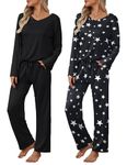 Ekouaer Womens 2 Pack Pajama Set Long Sleeve Pajamas Top and Pants V Neck Pjs Set Soft Loungewear with Pockets