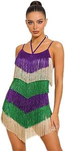 Women's Latin Dance Dress: Halter Backless Adjustable Cami Straps Salsa Ballroom Dance Costume Color Block Rave Bachelorette Party Mardi Gras Dresses 1920s Flapper Fringe Dress Purple Green M
