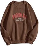 SAFRISIOR Women Oversized Brooklyn New York Letter Print Graphic Fleece Sweatshirt Crewneck Long Sleeve Pullover Jacket, Brown, X-Large