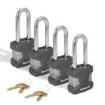Kwikset SmartKey Re Keyable Laminated Steel Padlock with Boron Carbide Shackle, Outdoor Gate and Storage Lock, 2 in Body, 2-1/2 in Shackle, 4 Pack Keyed Alike, Silver
